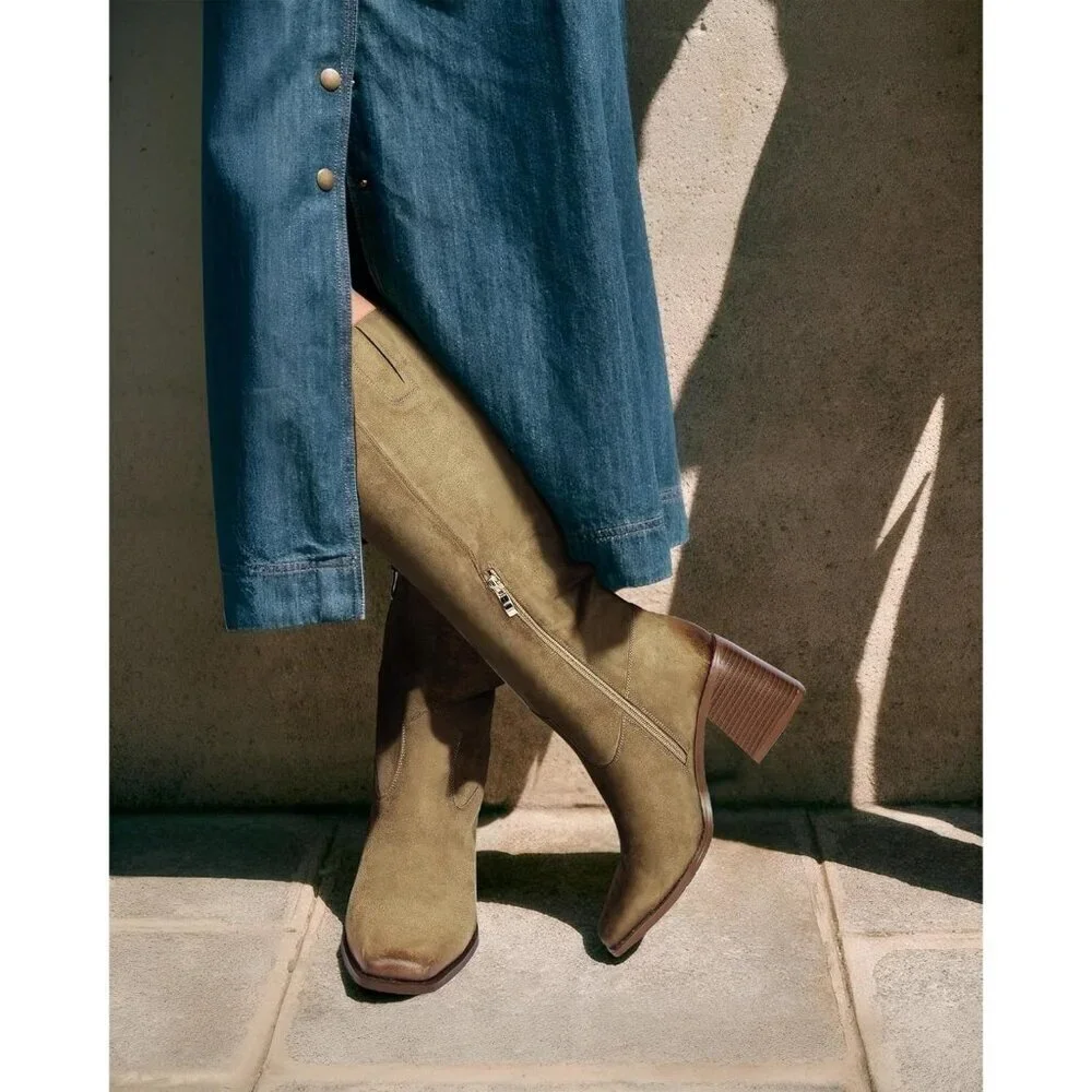 Women Dusty Green Polyurethane Knee High Square Toe Side Zipper Block Heel Boot